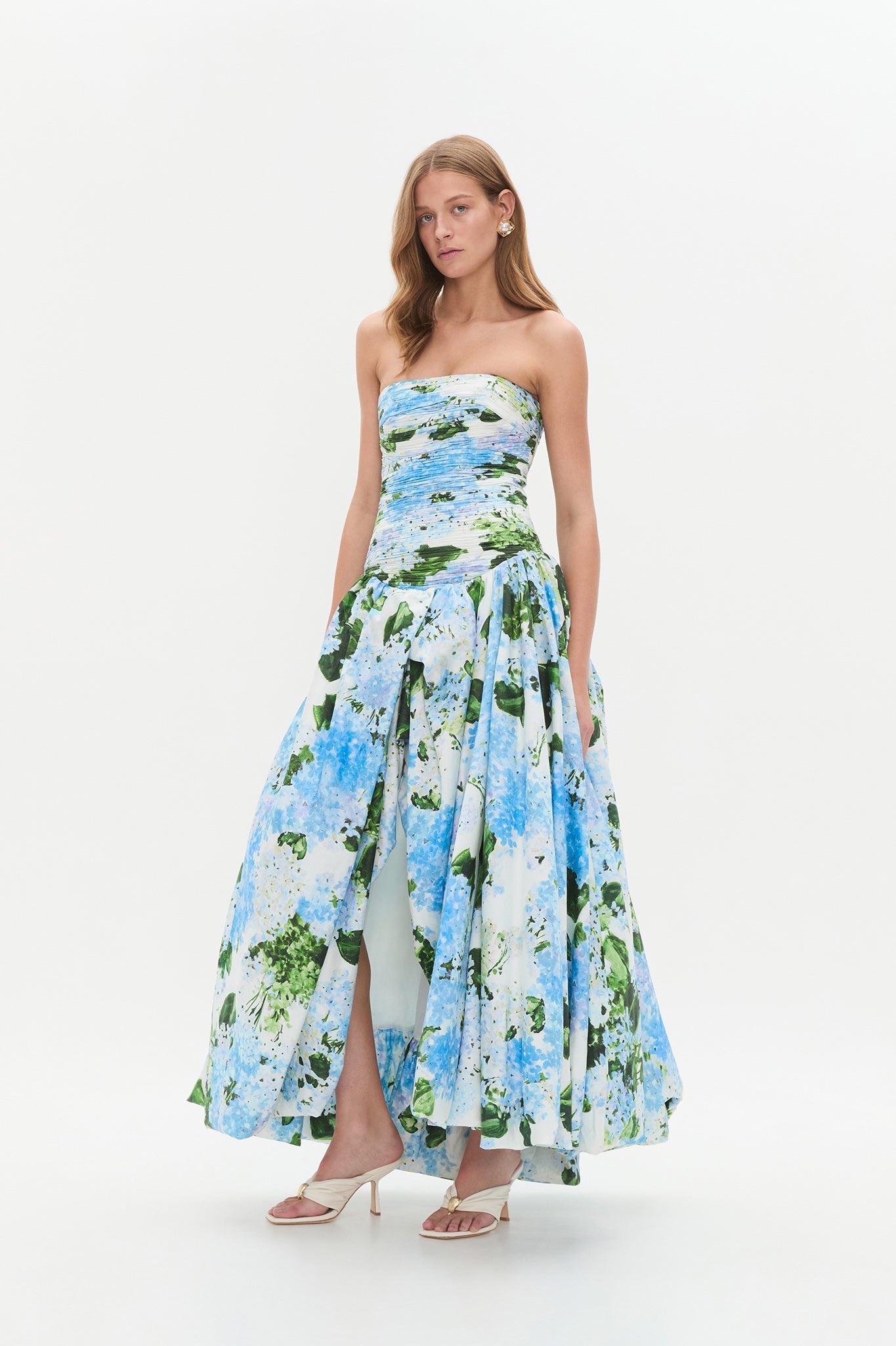Strapless Hydrangea Floral Print High-Slit Maxi Gown
