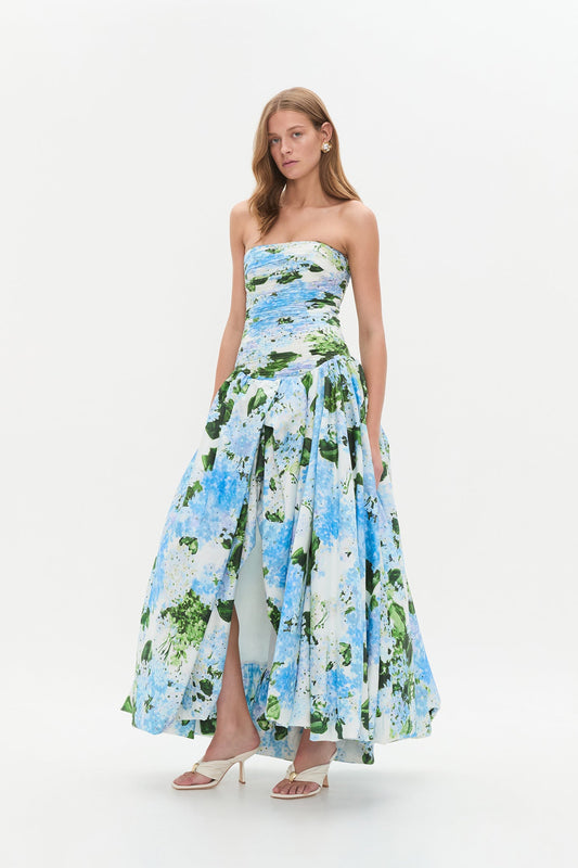 Strapless Hydrangea Floral Print High-Slit Maxi Gown