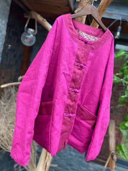Women Vintage 100%Linen Solid Button Short Coat