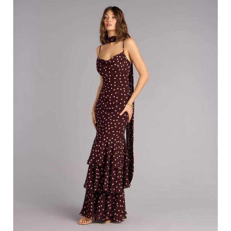 Burgundy Polka Dot Spaghetti Strap Mermaid Maxi Dress | Vintage Draped Ruffle Evening Gown
