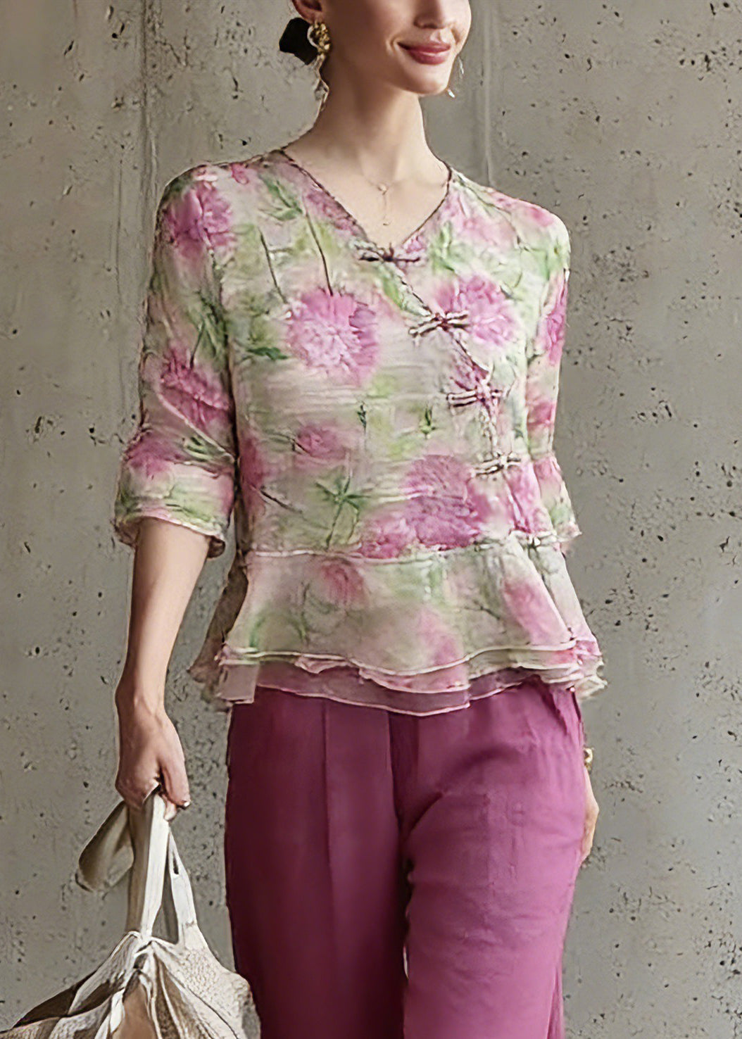 Natural V Neck Print Top And Pants Two Pieces Set Spring