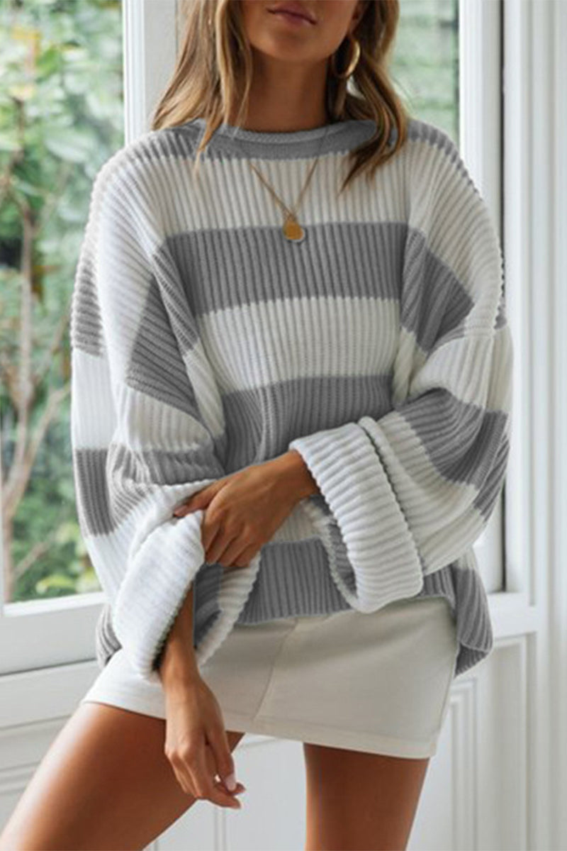 Fashion Sweet Striped Contrast O Neck Sweaters(5 Colors)
