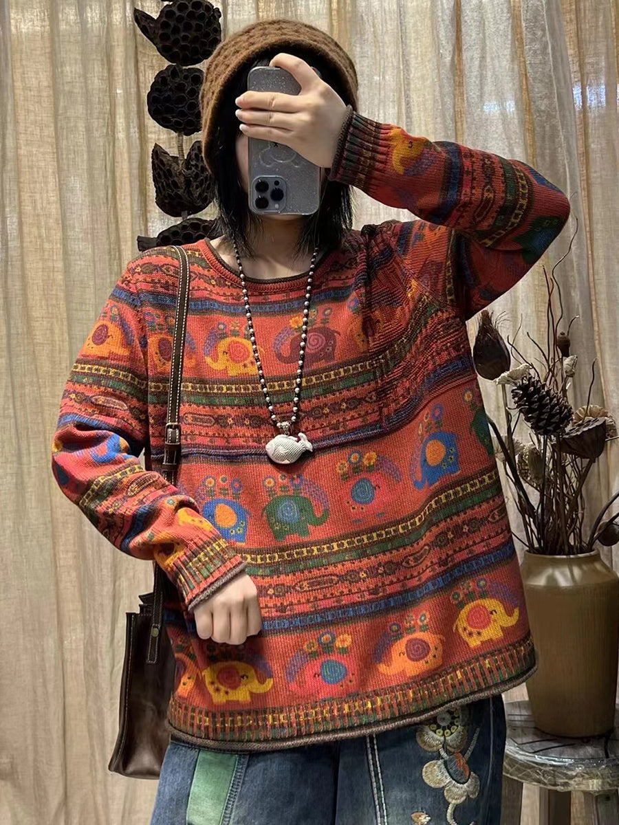 Women Winter Vintage Cotton Print O-Neck Loose Sweater