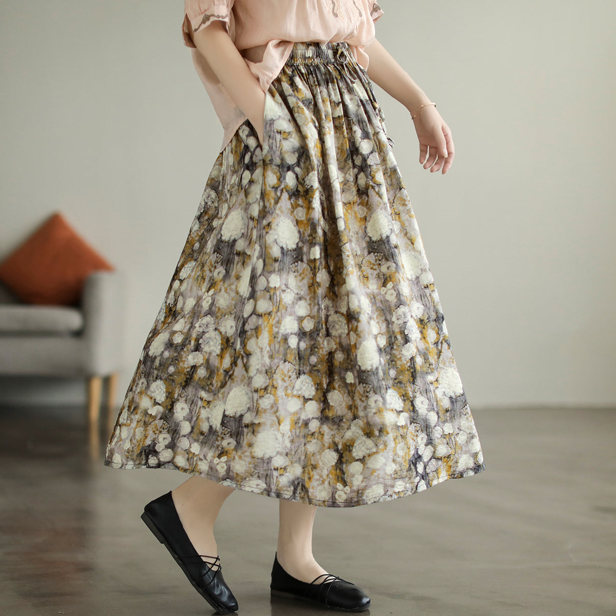 Cozy Retro Floral Printed Cotton A-Line Skirt