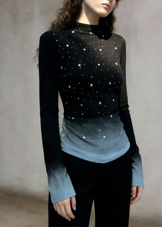 Stylish Black Gradient Color Zircon Cotton T Shirts Spring