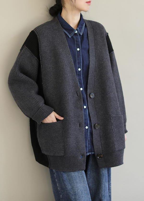 For  Gray Knitted Pullover V Neck Button Downfall Fashion  Knit Ssweat Tops