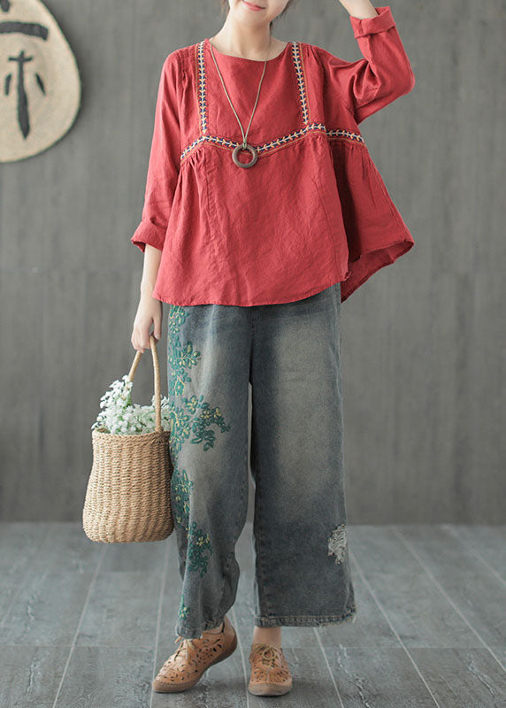 Vintage Blue Embroideried Cotton Ripped Jeans Pants Fall