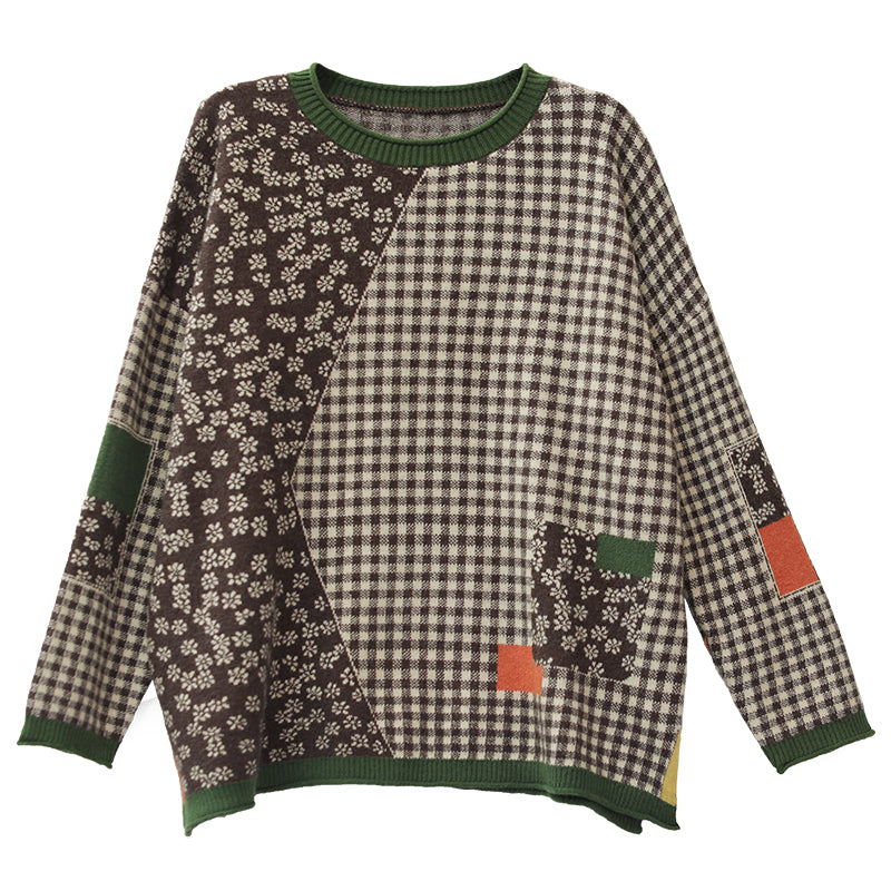 Women Retro Floral Plaid Knitted Sweater