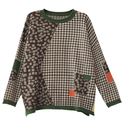 Women Retro Floral Plaid Knitted Sweater