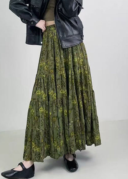 Vintage Green Print Wrinkled Elastic Waist Cotton Skirts Spring