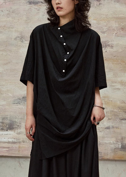 Plus Size Black Stand Collar Button Cotton Blouses Half Sleeve