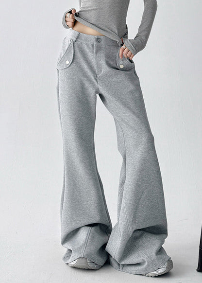 Streetwear Grey Pockets Patchwork Cotton Flared Trousers Fall