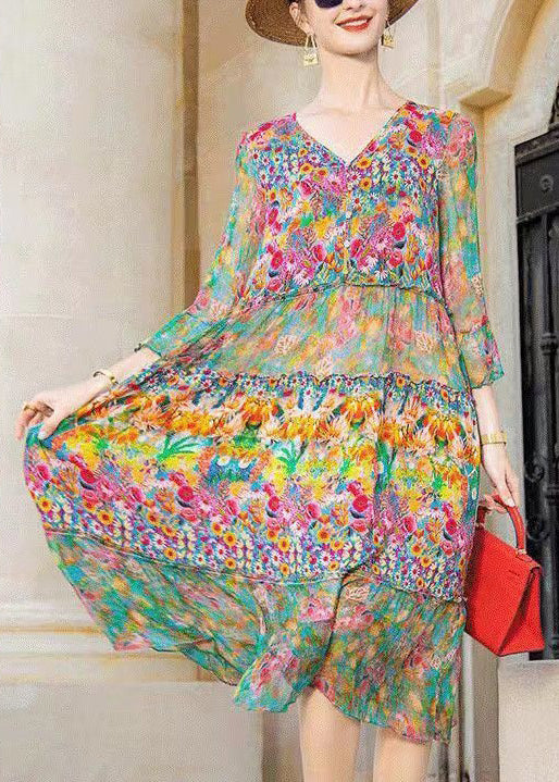 Beautiful Colorblock V Neck Print Patchwork Chiffon Dresses Bracelet Sleeve