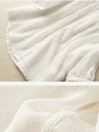 Embroidered V Neck 3/4 Sleeve Casual Linen Shirt Top