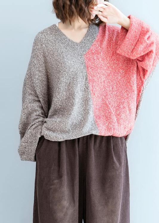 For  red knitwear plus size v neck patchwork clothes For Women