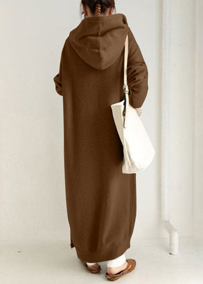 Brown Zippered Pockets Solid Warm Fleece Long Coat Hooded