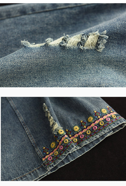 Vintage Embroidered Ripped Denim Slim A-Line Skirt