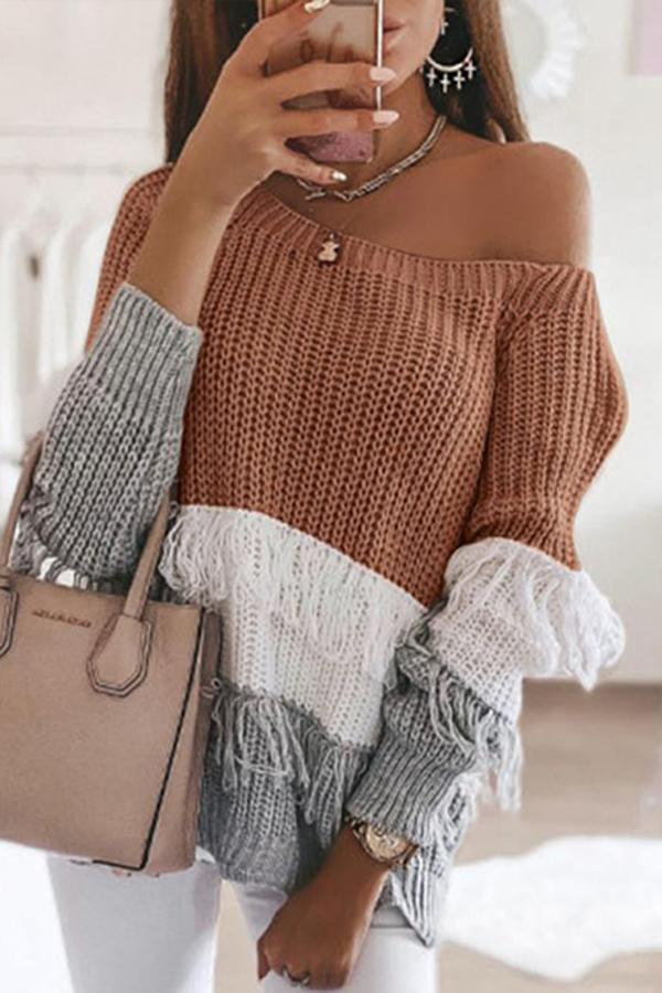 Color Block Tassels Skew Shoulder Sweater