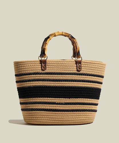 Art Khaki Striped Large Capacity Straw Woven Tote Handbag