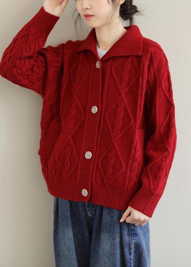 Red Knitted Top Stand Collar Pockets Oversized  Knitwear