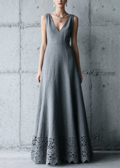 Elegant Charcoal Grey V Neck Patchwork Cotton Long Dress Summer