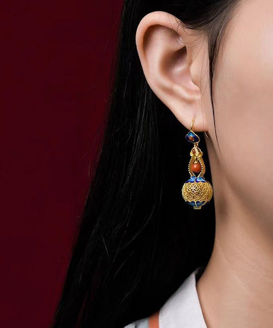 Retro Gold Sterling Silver Overgild Gourd Drop Earrings