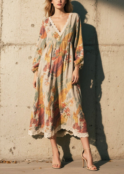 Vintage Print Patchwork Lace Cotton Long Dress Fall