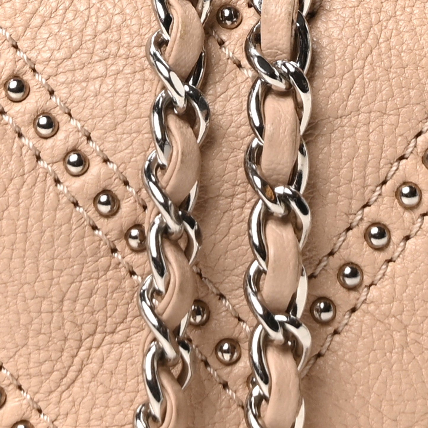 Metallic Calfskin Studded Chevron Quilted Small Stud Wars Drawstring Bag Beige