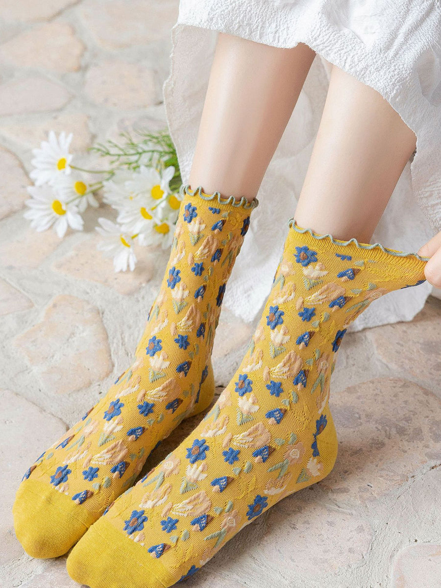 6 Pairs Japanese Floral Cotton Socks Women Vintage Socks