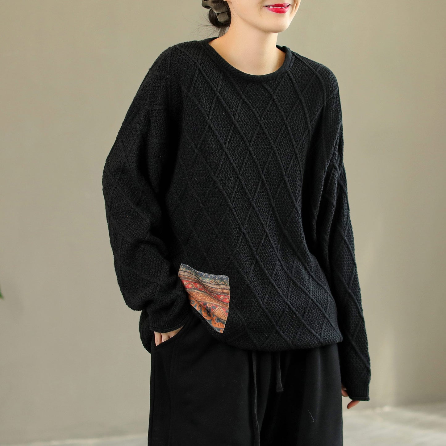 Women Retro Rhombus Patchwork Cotton Loose Sweater