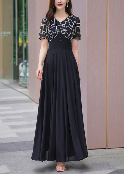 Natural Black V Neck Patchwork Chiffon Long Dresses Summer