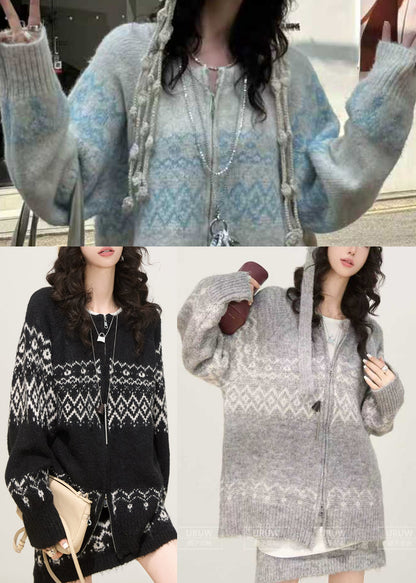Plus Size Black Oversized Print Knit Two Piece Set Women Clothing Spring