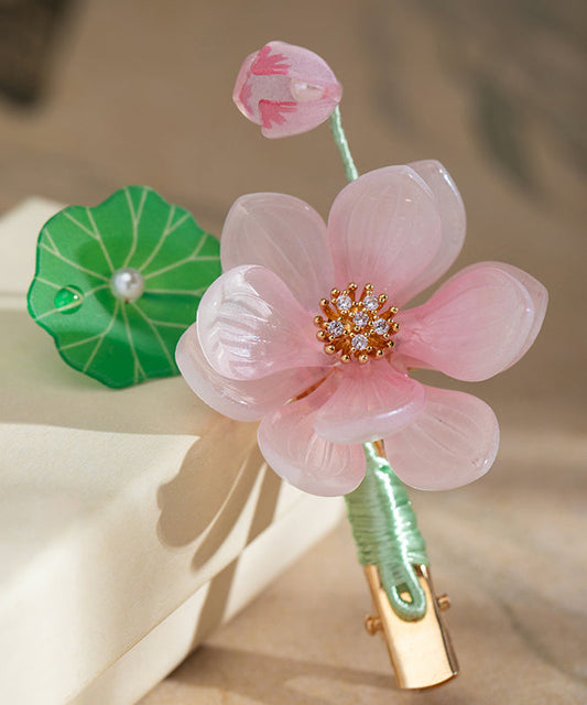 Cute Pink Alloy Chiffon Colored Glaze Pearl Lotus Tassel Hairpin