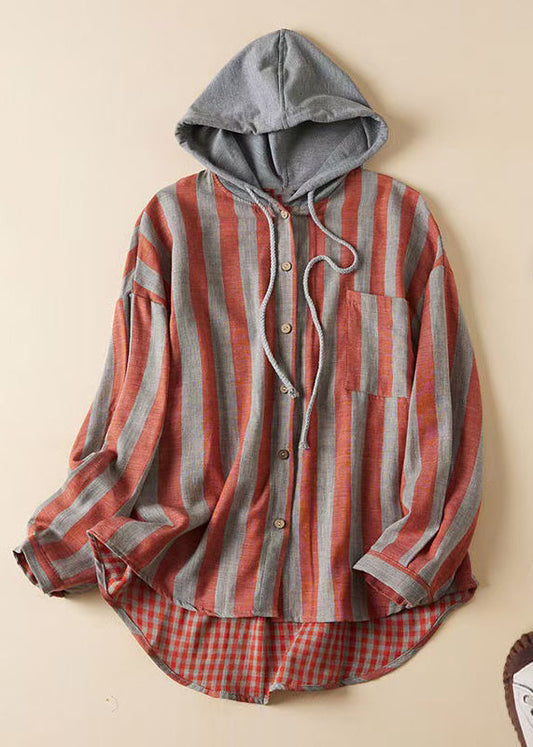 Loose Hooded Striped Pockets Patchwork Cotton Shirts Spring