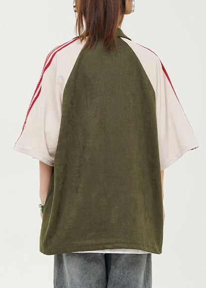 Women Green Peter Pan Collar Striped Patchwork Top Short Sleeve
