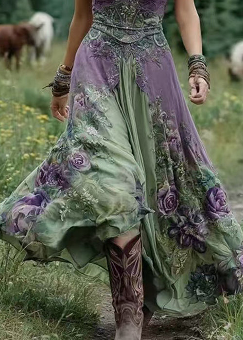 Vintage Green V Neck Print Patchwork Long Dresses Summer