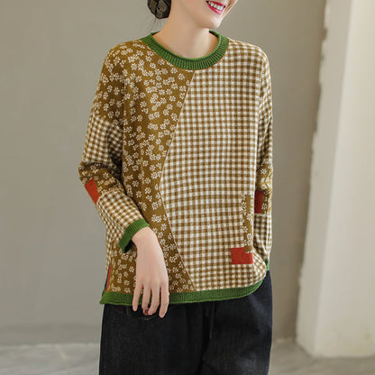 Women Retro Floral Plaid Knitted Sweater