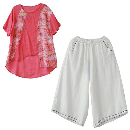 Literature and art ramie purple printed T-shirt female loose cotton blend nine points wide leg pants two-piece suit