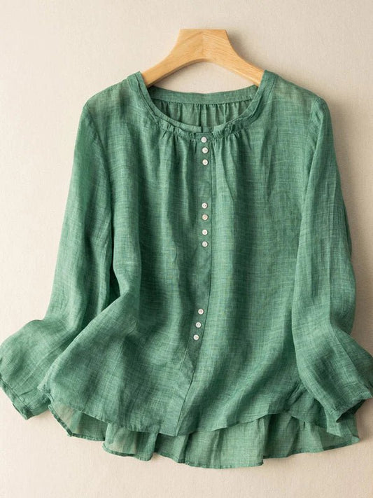 Pure Color Crew Neck Long Sleeve Casual Linen Top