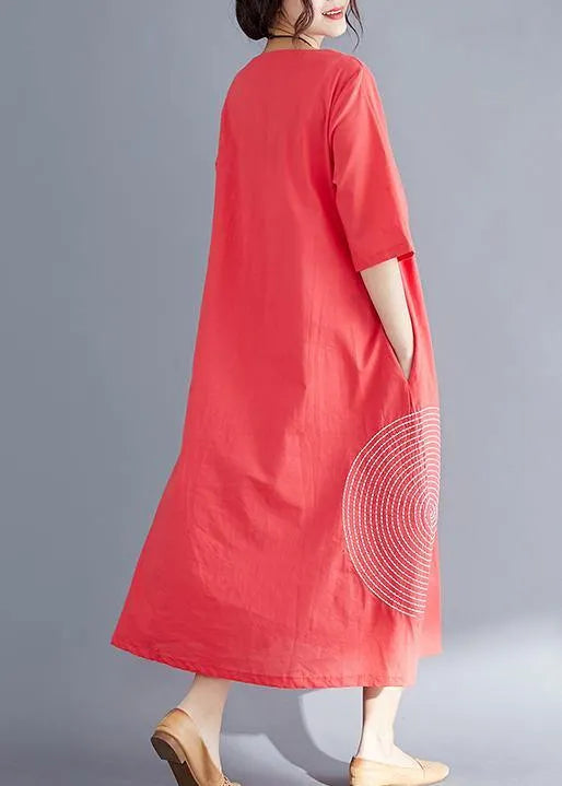 Modern o neck embroidery cotton tunic top Vintage Work Outfits red Maxi Dresses Summer