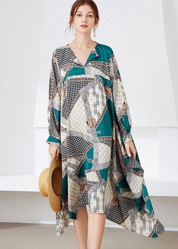 Vintage Black Green V Neck Print Fall Long Dresses