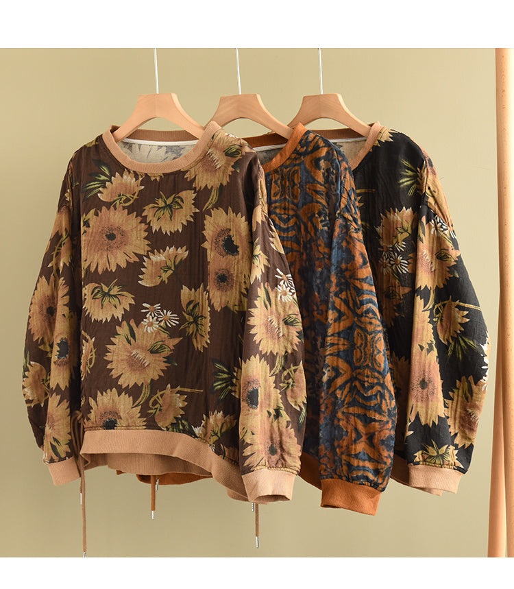 Large Size Slim Round Neck Printed Retro Casual Loose Sweater