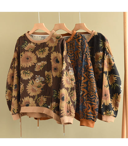 Large Size Slim Round Neck Printed Retro Casual Loose Sweater