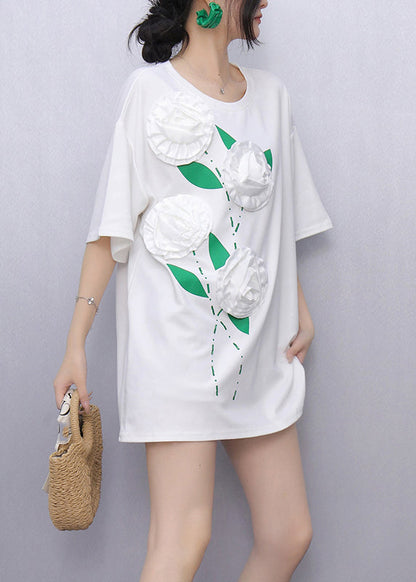 White O-Neck Solid Tops Short Sleeve