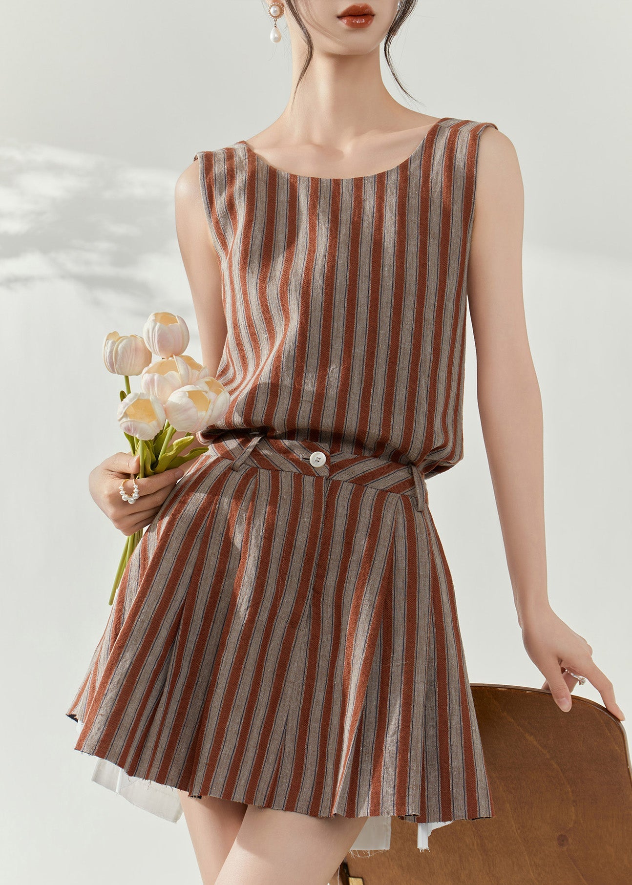 Fashion Brown Striped Cotton Top And Skirts Two-Piece Set Summer