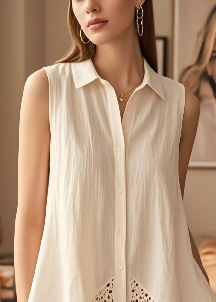 Vintage White Peter Pan Collar Patchwork Cotton Blouses Sleeveless