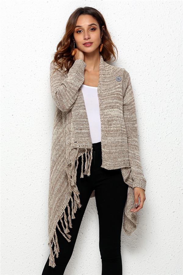 Tassel Asymmetrical Hem Shawl Speckled Fringe Cardigan - Green