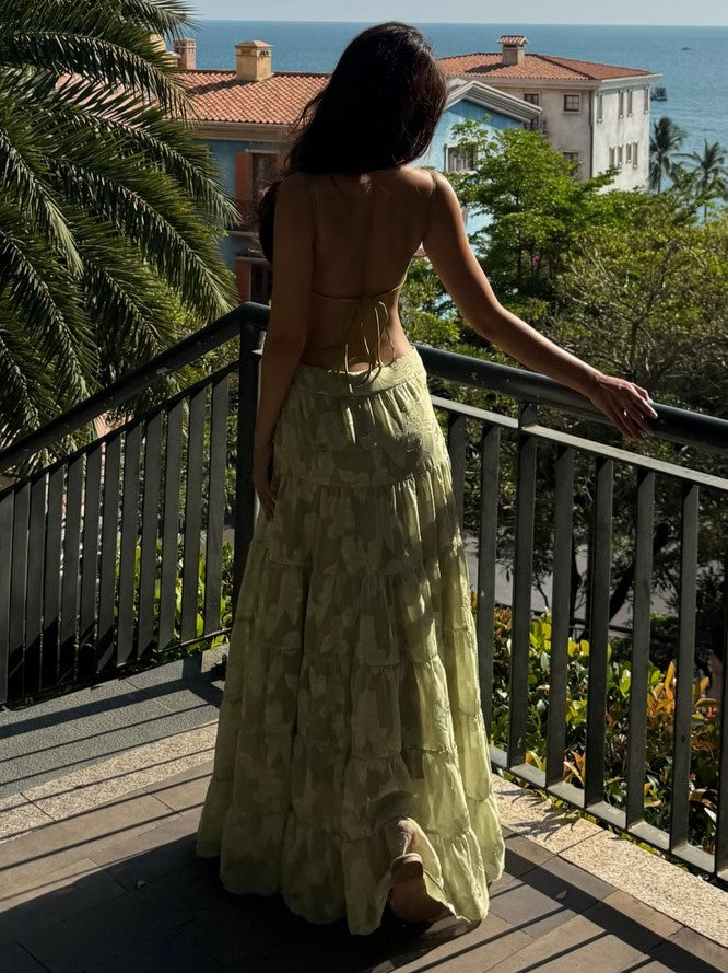 Light Green Jacquard Open-Back Tiered Maxi Dress Set