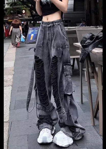 Beautiful Black Pockets Ripped Denim Pants Trousers Fall