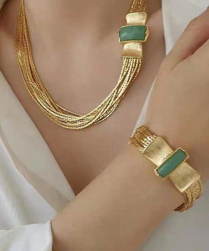 Boho Sterling Silver Overgild Jade Weave Necklace And Chain Bracelet Two-Piece Set